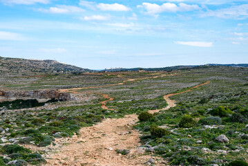 Footpath in Il-Majjistral Nature & History Park. Landscape in Malta in spring