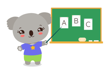 School student koala standing next to chalkboard with pointer. Abc learning. Cartoon koala bear cub elementary pupil. Cute kawaii animal. Primary school subject vector. Education resources.
