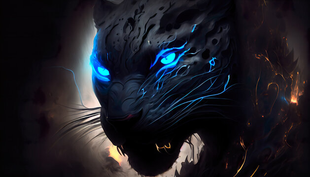 Black Panther with Glowing Blue Eyes on Dark Background