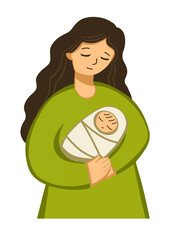 Mother with newborn baby on her arms flat style illustration, cut out on transparent background