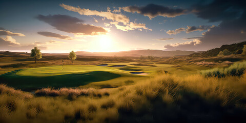Fototapeta na wymiar Golfplatz Internationale Golflandschaft Golfkurs im Frühjahr Abstrakte Illustration Wandbild Hintergrund Generative AI Digital Art Hintergrund