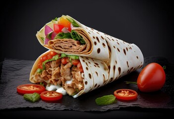 Shawarma wraps with chicken and vegetables on a black background.