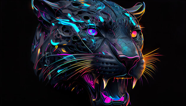 Abstract Black Panther with Glowing Eyes on Dark Background