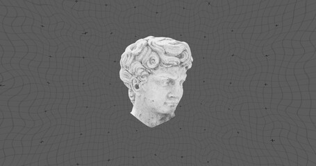 Composition of classical head sculpture over spots on grey background