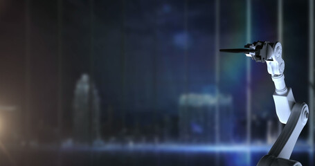 Image of robot's arm and globe with data processing over computer servers