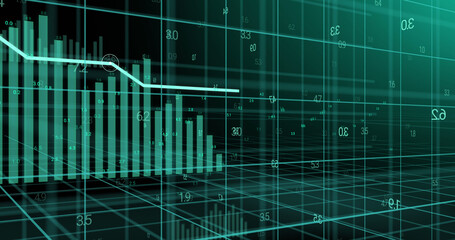 Image of green graph and data processing over 3d grid