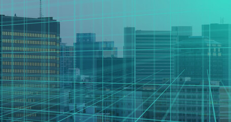 Image of 3d grid moving over buildings in modern cityscape