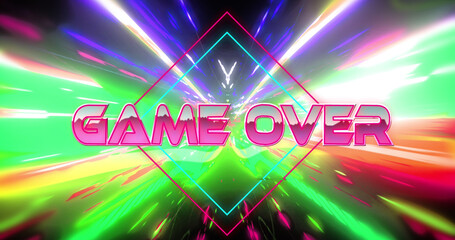Image of game over text on multi coloured background