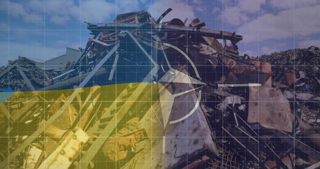 Image of flags of ukraine and nato over data processing and rubbish dump