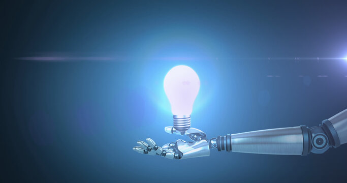 Image of robot's arm and light bulb with data processing