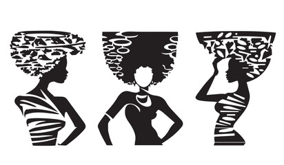 African woman. Vector illustration of female from Africa. Silhouette svg, only black and white.
