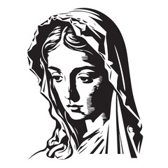 Virgin Mary, Our Lady. Hand drawn vector illustration. Black silhouette svg of Mary, laser cutting cnc.
