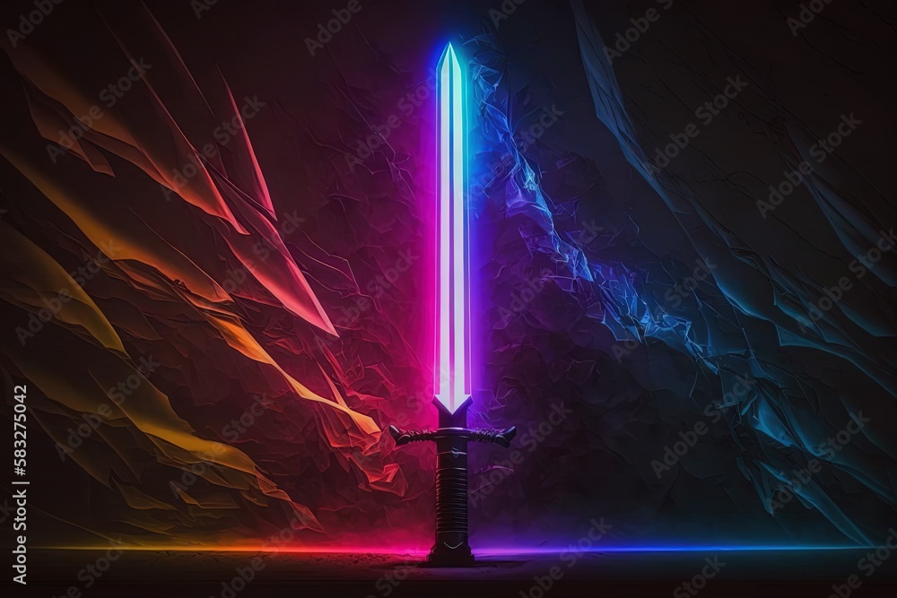 Poster brilliantly absorbing the radiance of darkness - an expressive image conveying a neon sword generati