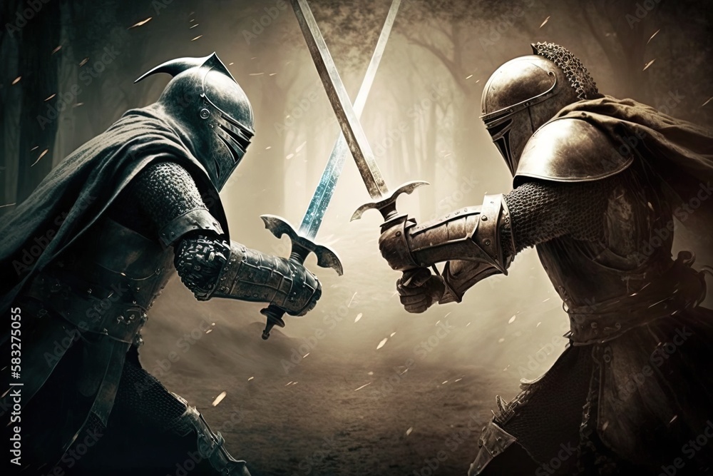Poster broad swords clashing in an age old battle between two worlds generative ai