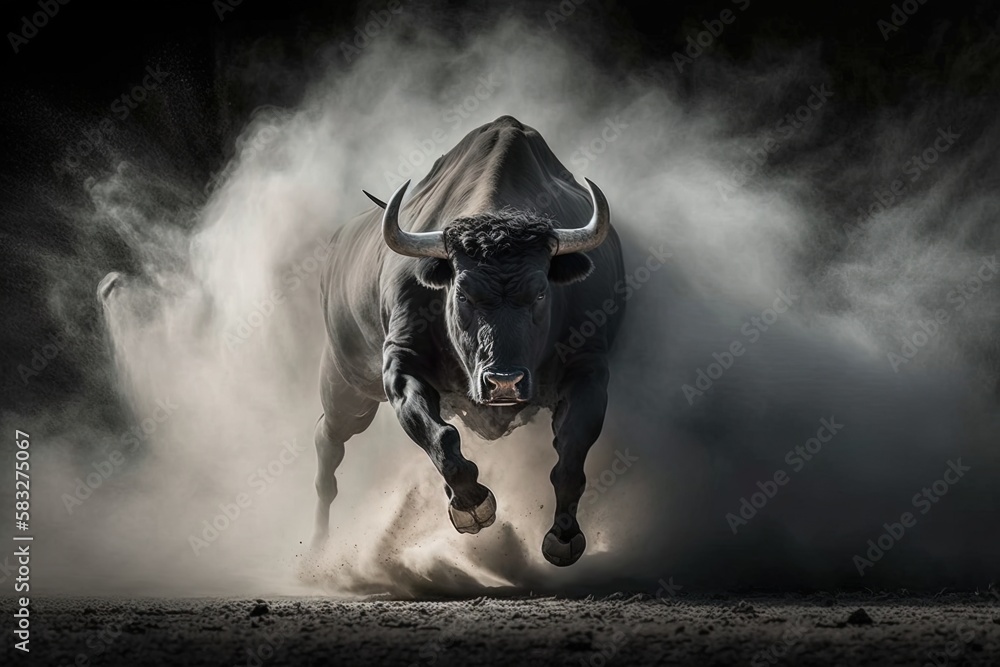 Poster charging full throttle ahead: a captivating image of a running bull generative ai