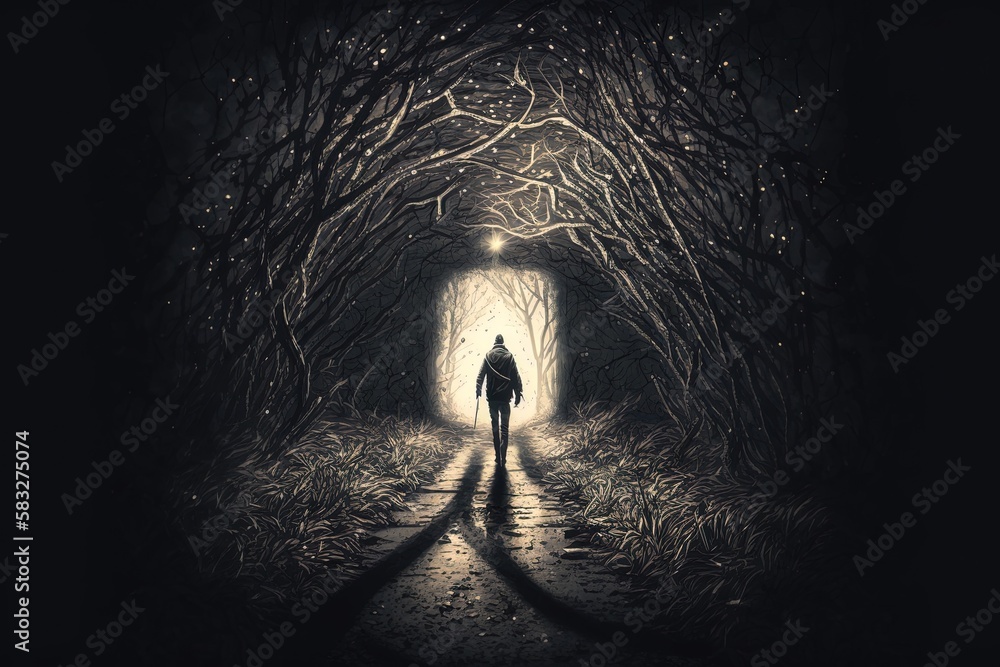 Poster echoing footsteps on an unlit, dark pathway generative ai