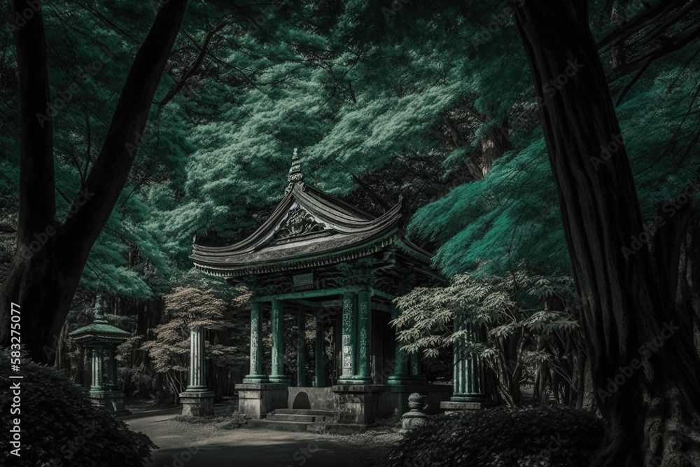 Poster emerald greenery under a shrine of trees generative ai