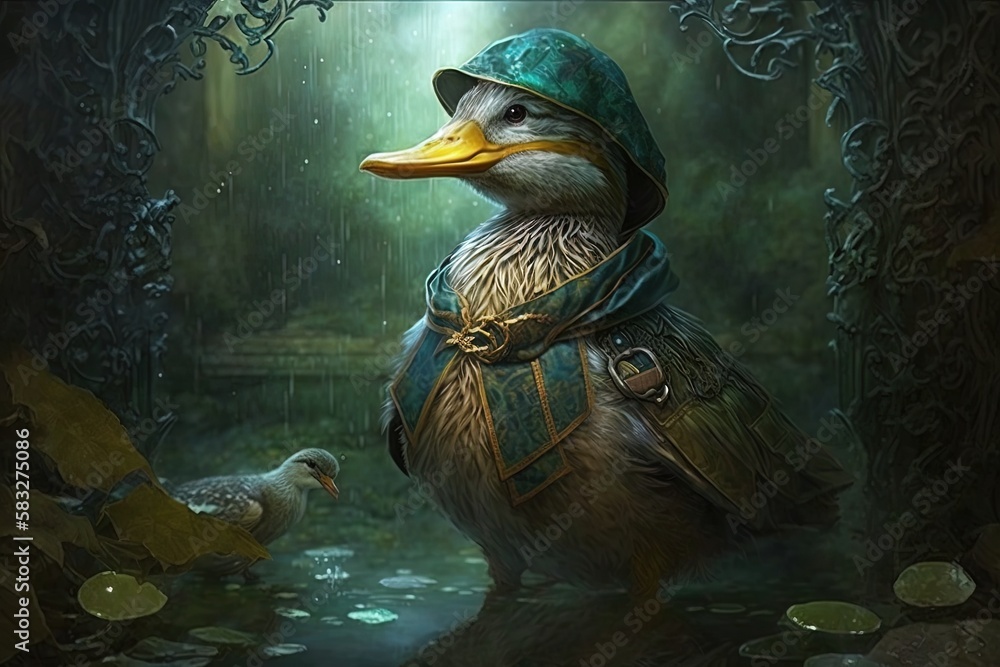 Poster feathered in mystery: a mystical adventure with a duck generative ai