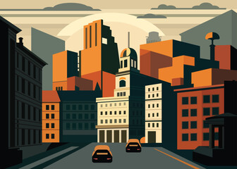 Abstract vector cityscape with sunset, sunrise