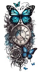 butterfly tatoo with watch . Creative illustration. (Ai Generate)