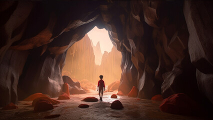 A Boy Leaves a Cave, After Defeating his Demons (Illustration by AI)