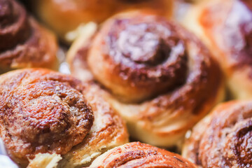 Homemade sweet fresh cinnamon rolls close up. 