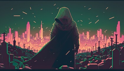 devastated necromancer in a spiked hood . Creative illustration. (Ai Generate) - obrazy, fototapety, plakaty