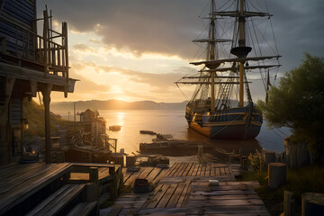 Pirate port overlooking old sailing ships in sea at sunset, generative AI. - obrazy, fototapety, plakaty