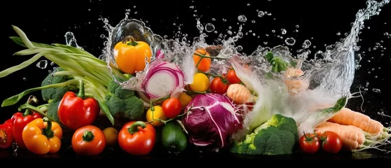 Wall murals Fresh vegetables vegetables like tomato with water droplets falling on them, on black background and ultra wide.