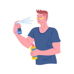Vector young attractive man taking care of his skin using skin care products. Man doing skin care routine illustration. Male character using moisturizer spritzing on his face and hold a bottle