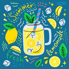 Vector summer lemonade poster with lettering and scribbles in doodle primitive style. Lemonade from lemons in mason jar glass with straw, mint leaves, ice cubes and lemon slices with objects flying
