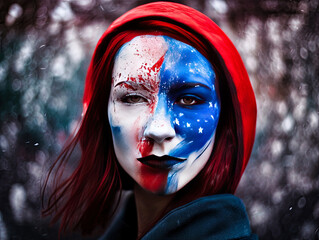 A woman with her face painted blue white and red, in the smoke of tear gas during a demonstration in Paris, France  -generative ai