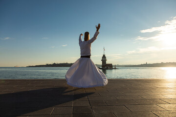 Fototapeta na wymiar Sufi Whirling Silhouette and Istanbul Icons, Uskudar Istanbul, Turkey 
