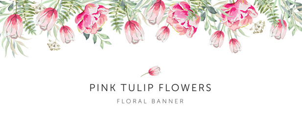 Spring border of pink tulip flowers, green leaves, white background. Wedding invitation banner frame. Vector illustration. Floral arrangement. Design template greeting card