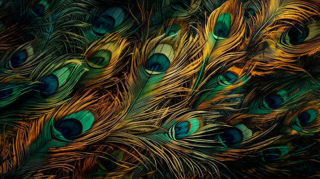 Abstract background with feather pattern gradients and texture digital painting in blue green and gold colours. Generative AI