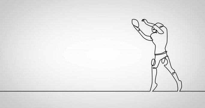 Animation of drawing of male rugby player catching ball on white background
