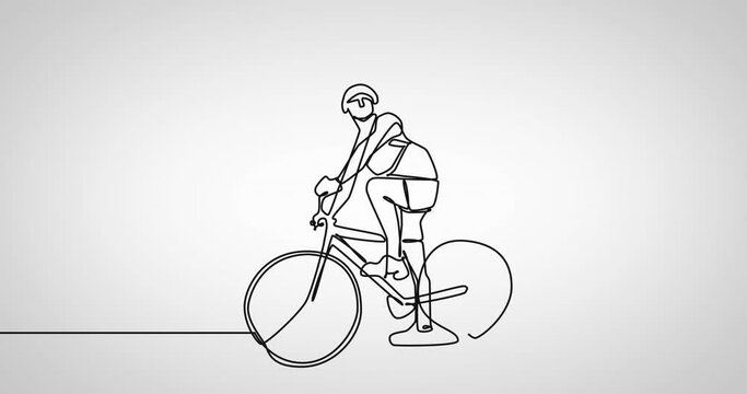 Animation of drawing of sportswoman with bicycle on white background