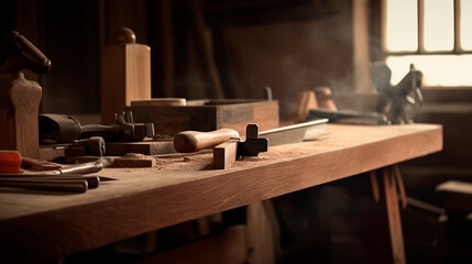 Fototapeta na wymiar Carpentry background, carpenter works, tools over a wooden table. Generative AI