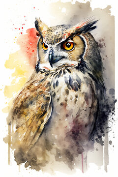 Watercolor great horned owl painting created with generative ai technology