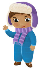 cartoon child kid boy taking off or putting on winter autumn clothes by him self childhood illustration for children