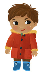 cartoon child kid boy taking off or putting on winter autumn clothes by him self childhood illustration for children
