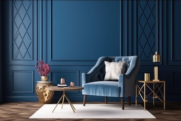 Interior Design Dark Blue Room with a Chair - Generative AI