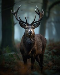 Obraz premium British Wildlife: Majestic Stag Poses for the Camera in Lush Oak Forest. Generative AI.
