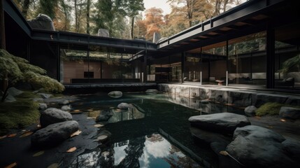 Obraz premium Modern house with Japanese garden. Gen AI