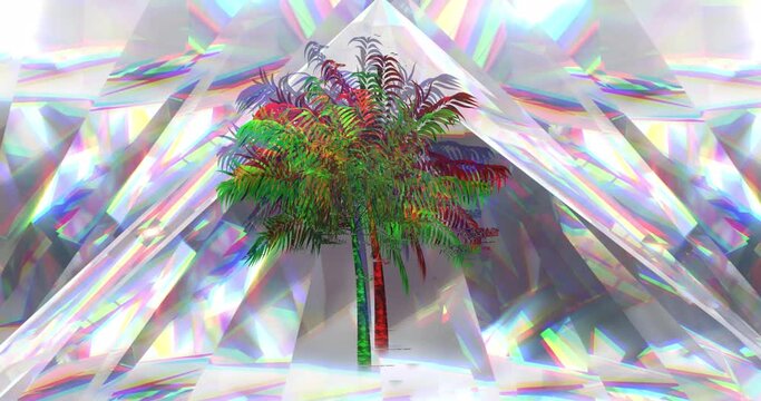 Animation of palm trees moving over glowing crystals