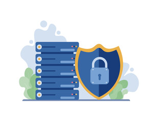Vector illustration, server with data protection shield. This symbolizes the protection and security of data on the server.