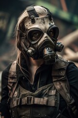 Desolate Rebellion: Female Leader in Gas Mask and Tactical Gear in a Grim World. Generative AI.