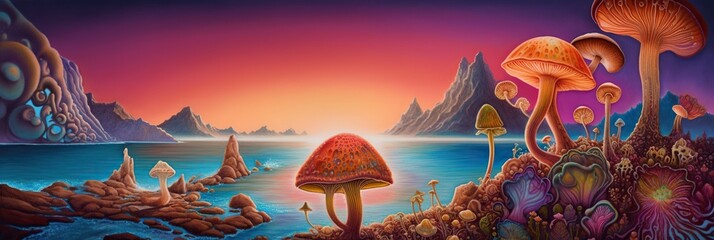 Luminous Beach Dreamscape with Giant Psilocybin Cubensis and Colorful Florals. Generative AI.