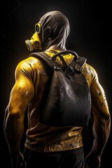 Fototapeta na wymiar Apocalyptic Bodybuilder: Gas Mask Man in Yellow and Black Tracksuit. Generative AI.