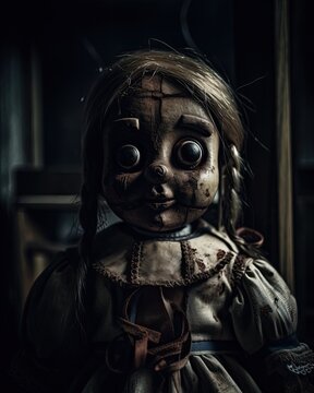 Creepy Vintage Doll with Sinister Grin and Hollow Eyes. Generative AI.